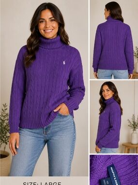 Ralph Lauren Purple Cable-Knit Turtleneck Sweater with Polo Pony